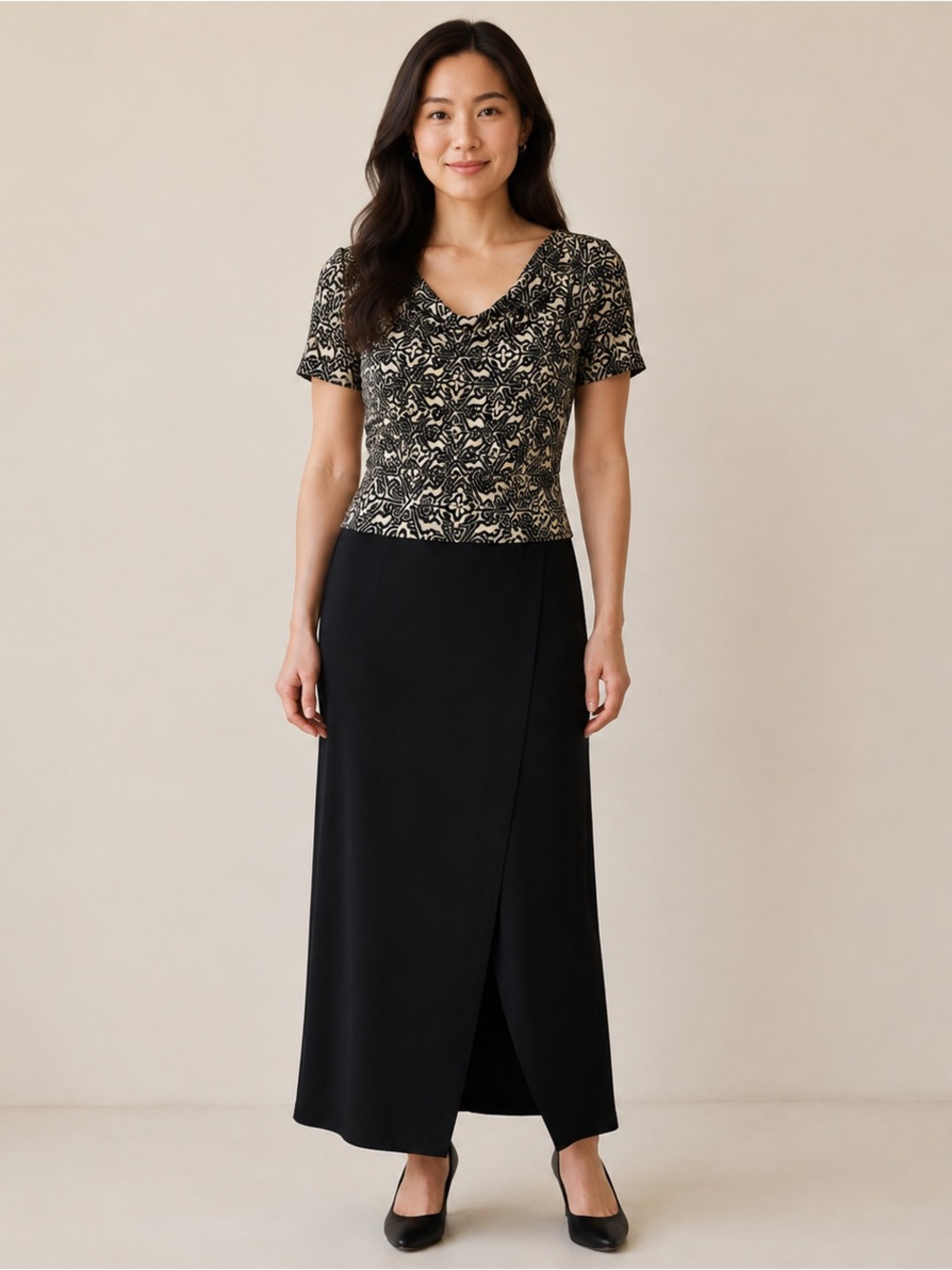 R&M Richards Petite Small Black Ivory Geometric Maxi Dress